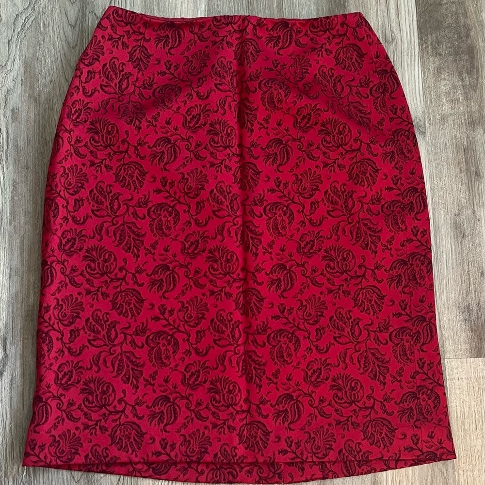 Ann Taylor Red Floral Jacquard Pencil Skirt